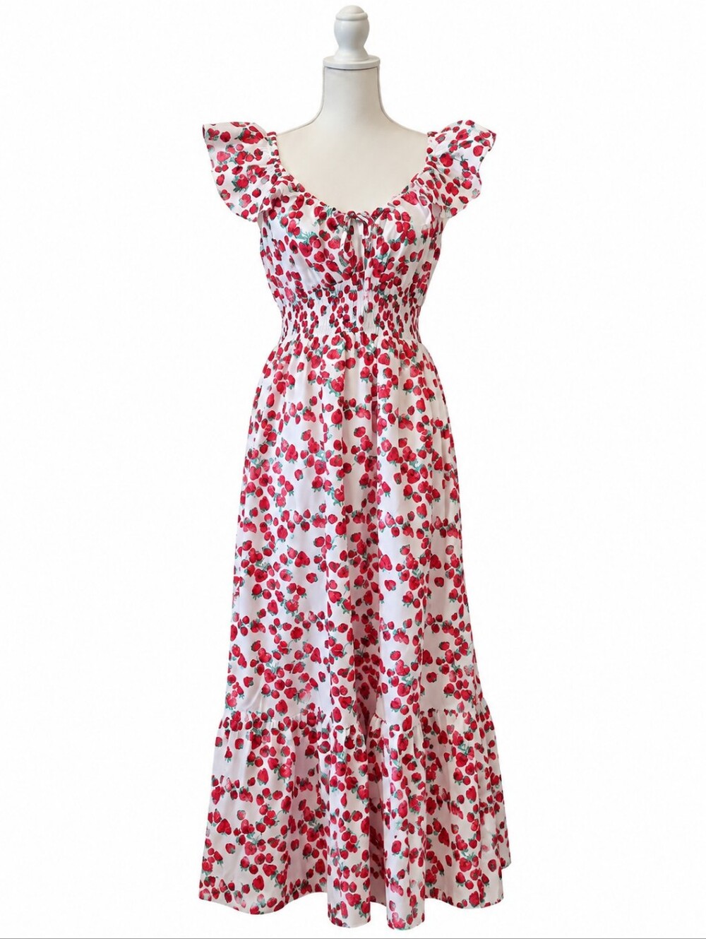 Betsey Johnson Maxi Dress Cotton Strawberry Smocked Ruffle White Red Summer M